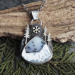 Three Pines and Snowflake Dendritic Opal Necklace