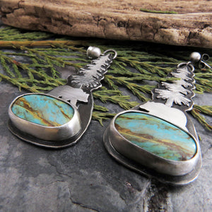 Bear and Pine Tree Kingman Turquoise Earrings