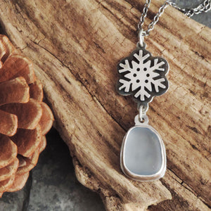 Silver Snowflake Necklace with Pale Blue Sea Glass