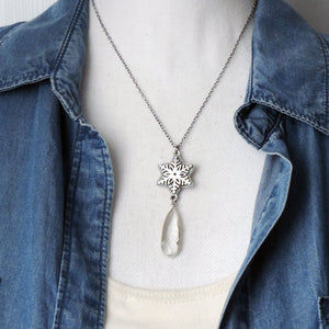 Silver Snowflake Necklace with Clear Quartz Crystal