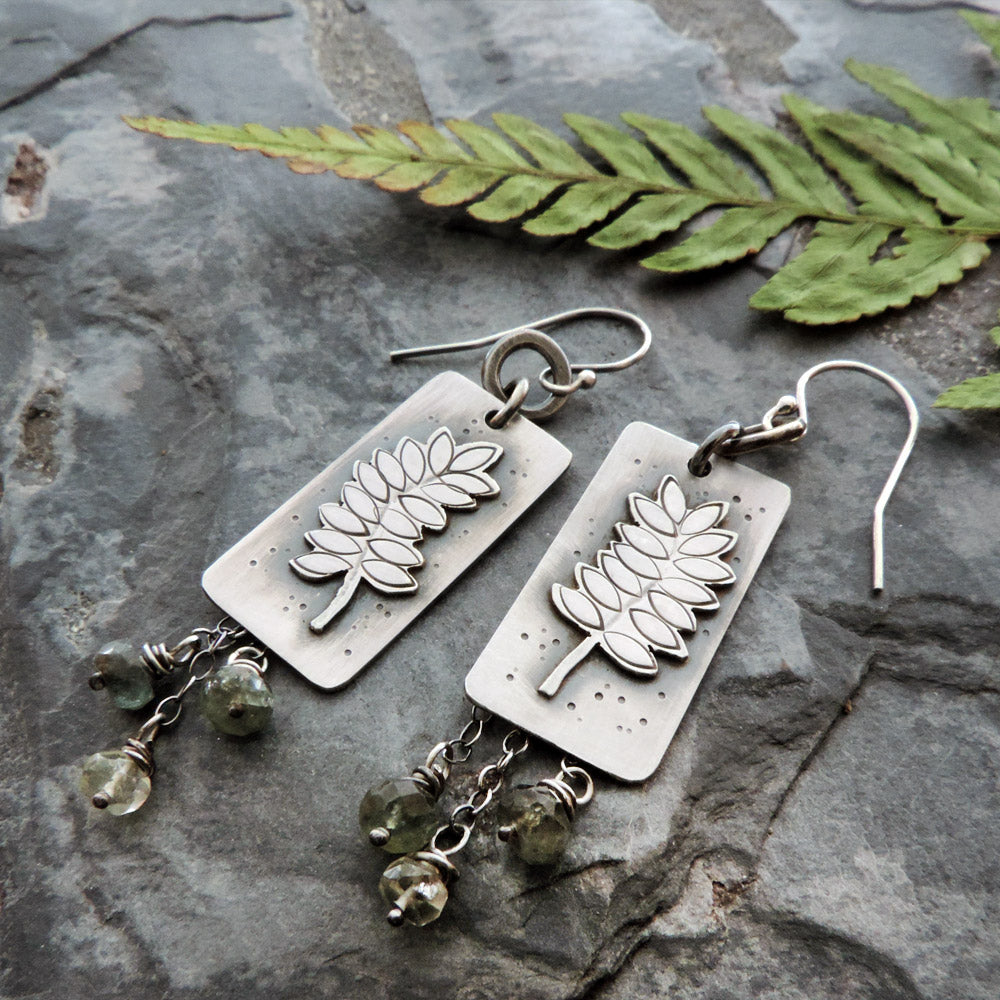 sterling silver fern earrings with moss aquamarine