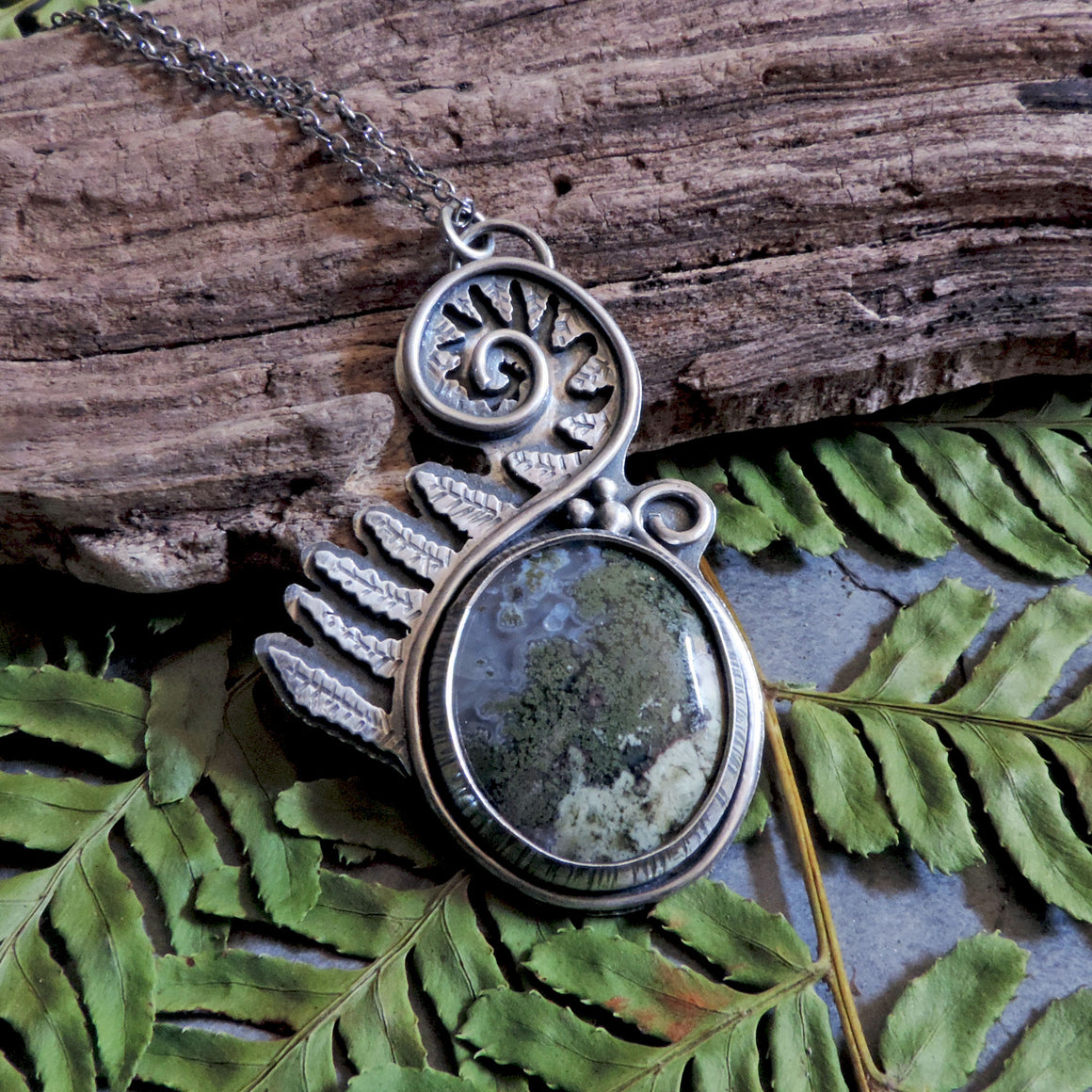 Unfurling Fern Pendant with Indonesian Moss Agate