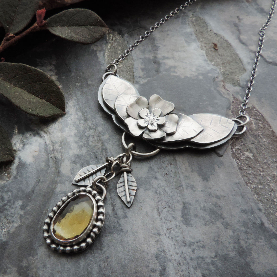 Flower and Leaves Necklace with Citrine Gemstone Drop