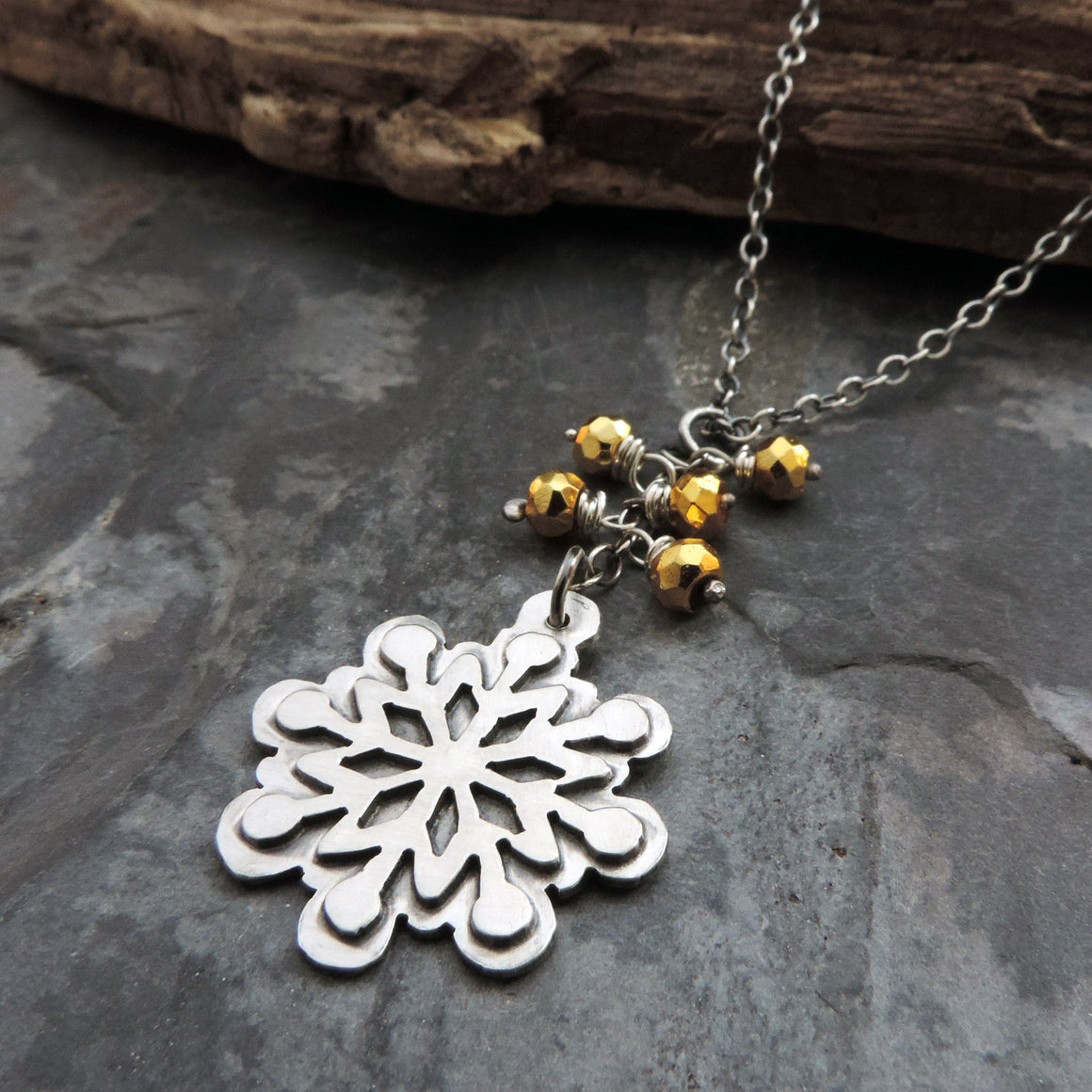 Silver Snowflake and Gold Pyrite Necklace