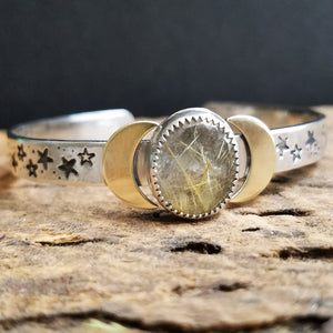 Golden Rutile Quartz Moon and Stars Cuff Bracelet