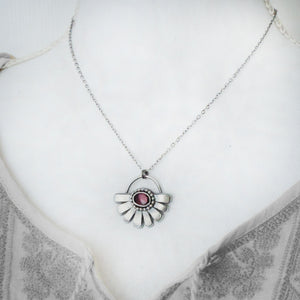 Pink Rhodolite Half Flower Pendant Necklace
