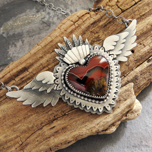 Laguna Agate Sacred Heart Necklace with Wings