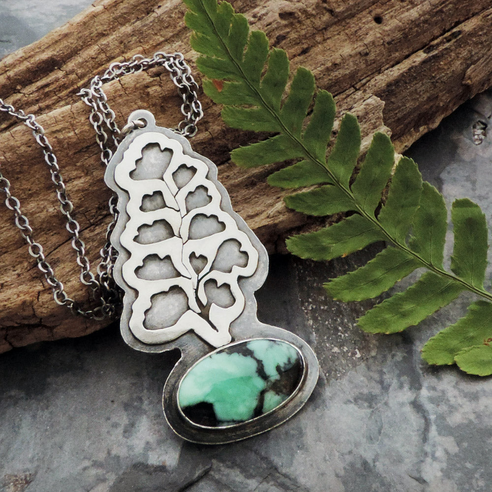 sterling silver maidenhair fern pendant with variscite gemstone