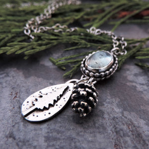 Moss Aquamarine Necklace with Pine Tree and Pine Cone