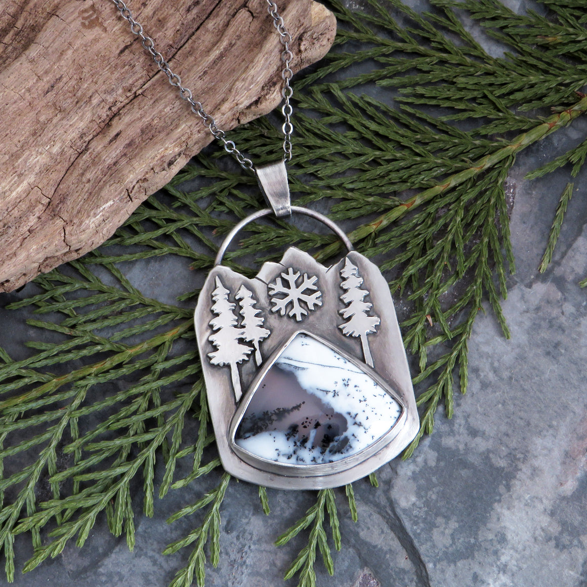 Snow in the Mountains Dendritic Opal Necklace