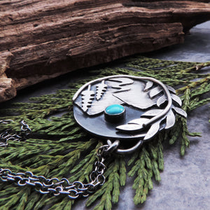 Mountain Pendant with River Stream and Laurel Leaf Border