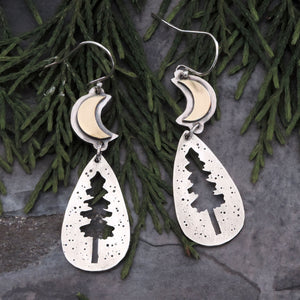 Pine Tree Silhouette and Crescent Moon Earrings