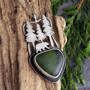 Bear in the Pines Green Sea Glass Necklace