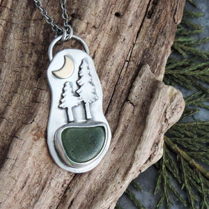pine tree pendant with green sea glass and moon
