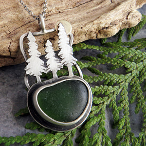 Pine Trees and Full Moon Sea Glass Necklace III