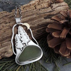 Pine Tree Necklace with Crescent Moon and Green Sea Glass
