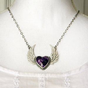 Purple Charoite Winged Heart Necklace
