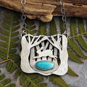 rabbit in woodlands turquoise pendant