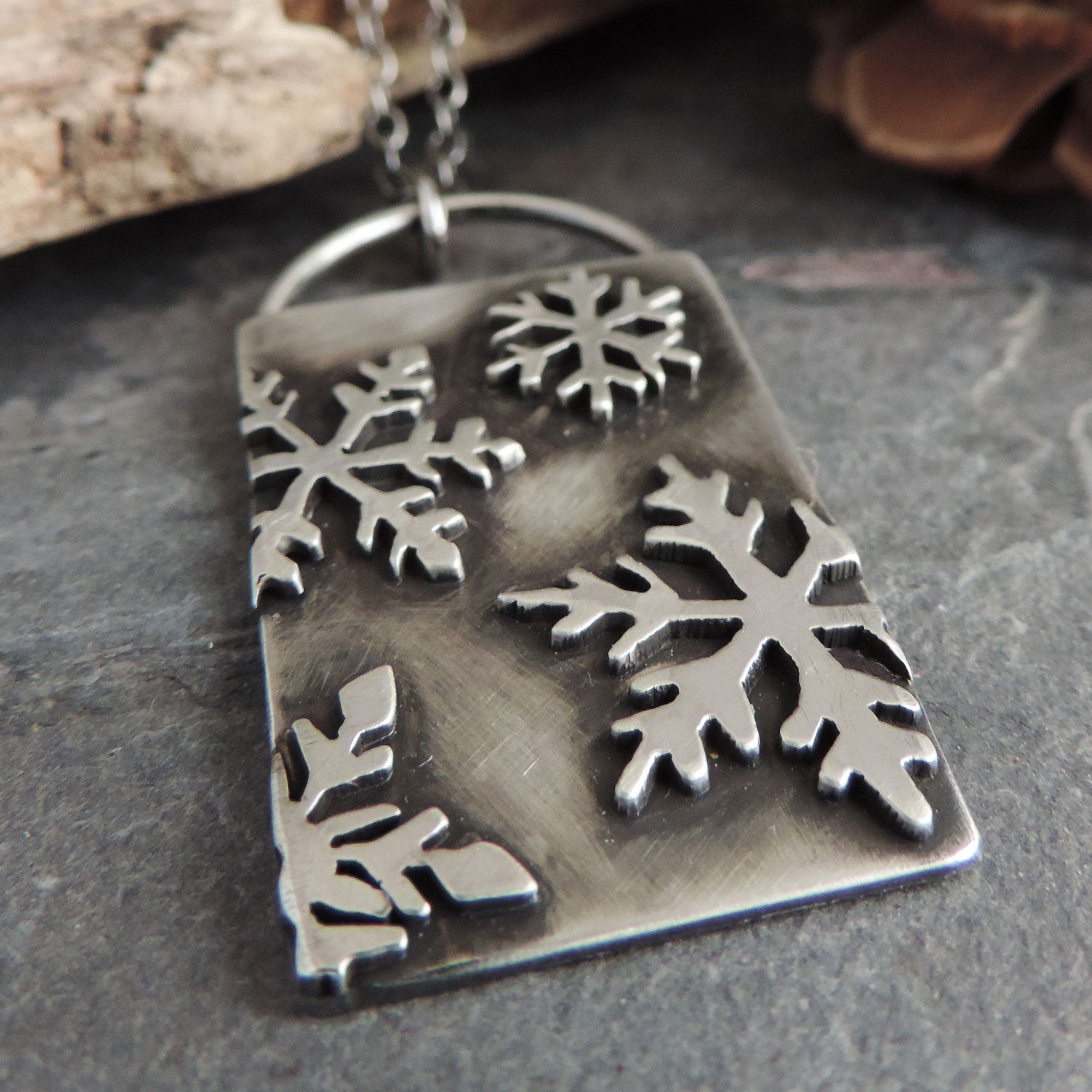 Sterling Silver Rectangle Snowflake Necklace - A Twist of Whimsy