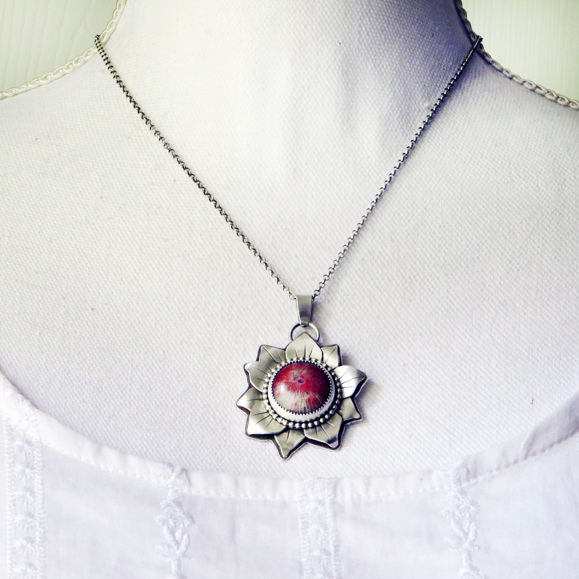 Red Horn Coral Layered Flower Pendant Necklace
