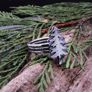Sterling Silver Pine Tree Triple Band Ring - Size 8