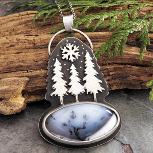 Three Pines in Winter Dendritic Opal Necklace