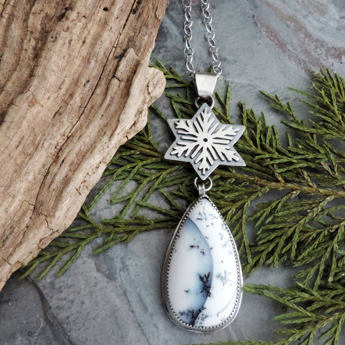 Snowflake Necklace with Dendritic Opal Teardrop