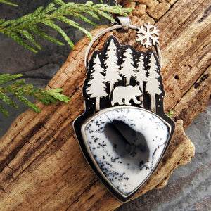 Bear in the Snowy Forest Dendritic Opal Necklace