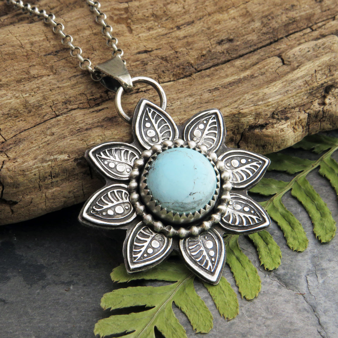 Stamped Flower Pendant with Kazakhstan Lavender Turquoise
