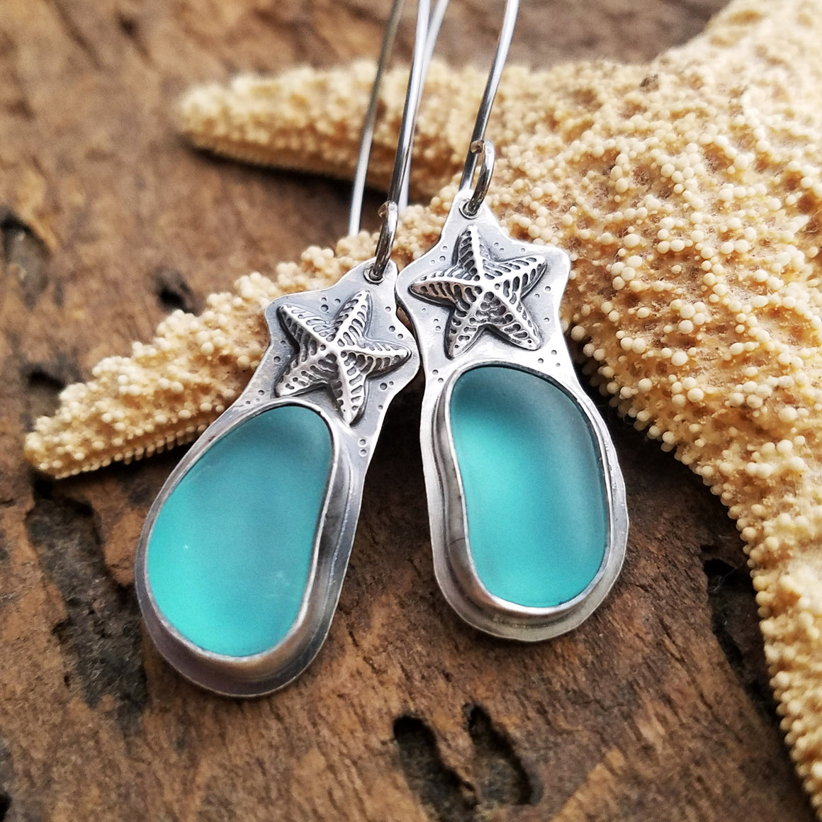 starfish aqua sea glass earrings