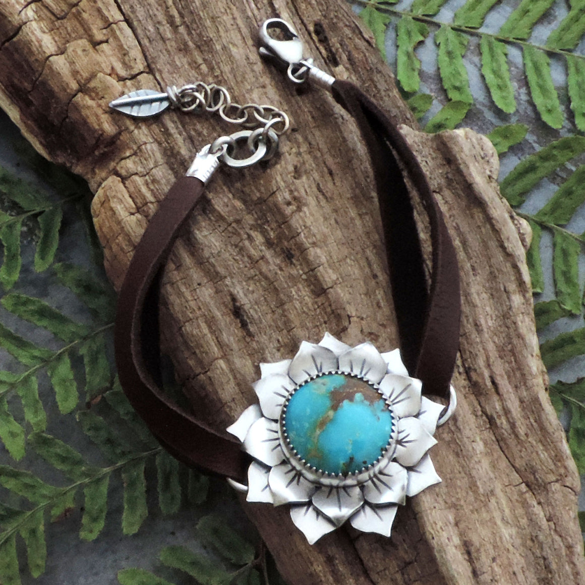 Fox Turquoise Sunflower Bracelet on Leather Band
