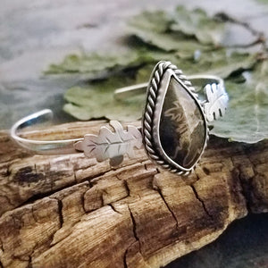 Dark Green Suture Ammonite Oak Leaf Cuff Bracelet