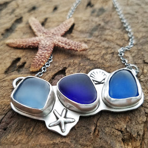 Triple Sea Glass Seashell Necklace