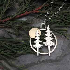 Two Majestic Pines Under a Full Moon Necklace