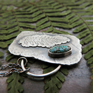 Silver Organic Fern Imprint Necklace with Turquoise Stone