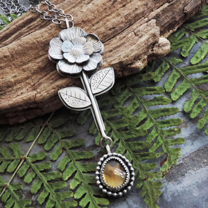 Single Stemmed Flower Pendant with Citrine Gemstone Drop
