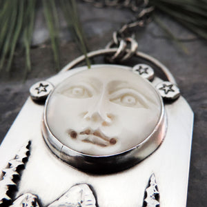 Moon Face Over Mountains and Pine Trees Necklace
