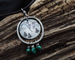 mountains pine trees stars turquoise pendant necklace