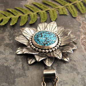 Kingman Spiderweb Turquoise Flower Pendant Necklace