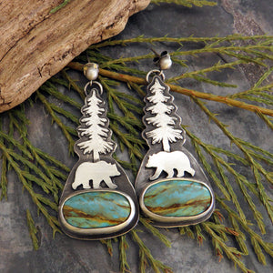 Bear and Pine Tree Kingman Turquoise Earrings