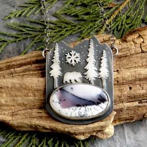 Bear in the Snowy Mountains Dendritic Opal Necklace