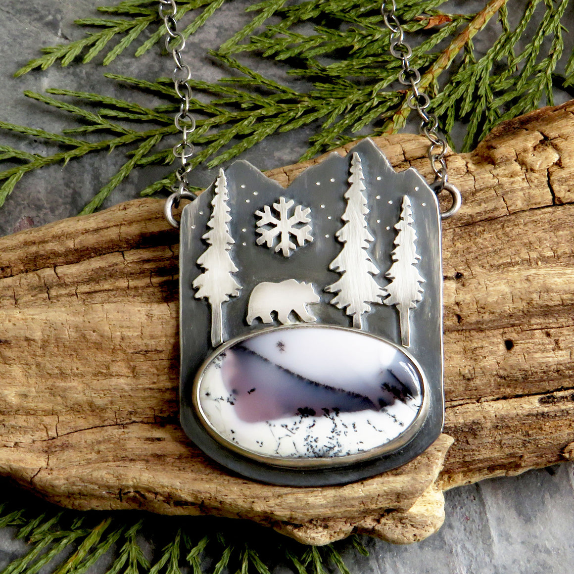 Bear in the Snowy Mountains Dendritic Opal Necklace