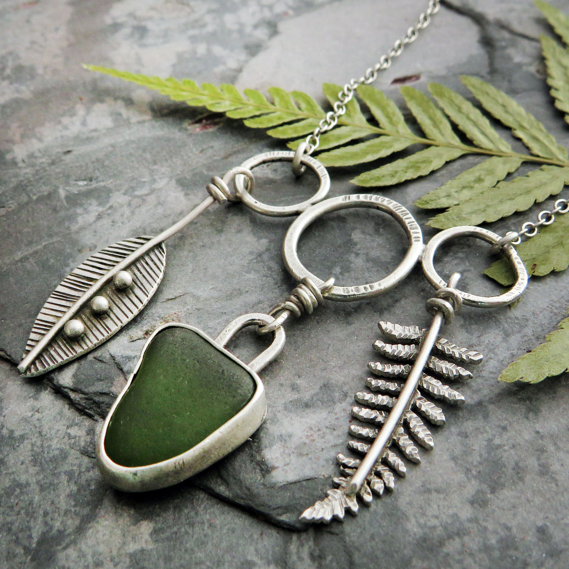 Botanical Charm Necklace with Moss Green Sea Glass I
