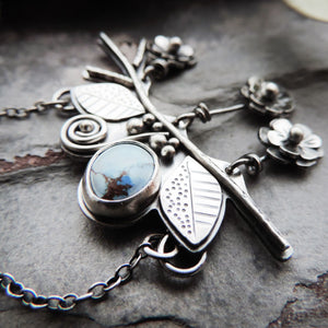 Lavender Turquoise and Three Flowers on Branch Necklace
