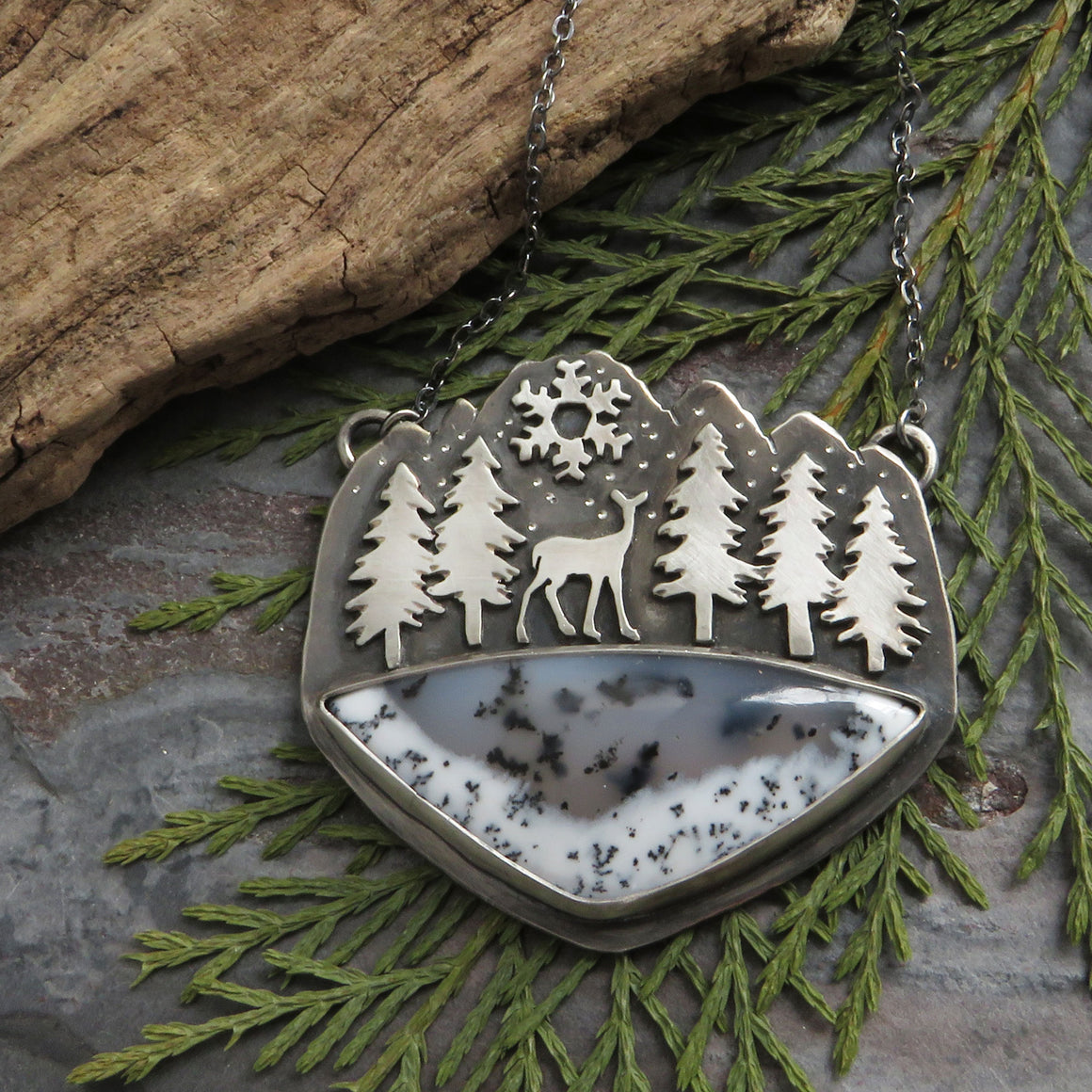 RESERVED Deer in the Snowy Mountains Dendritic Opal Necklace