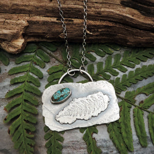 Silver Organic Fern Imprint Necklace with Turquoise Stone