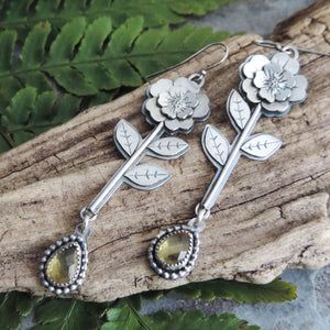 yellow citrine stemmed flower earrings
