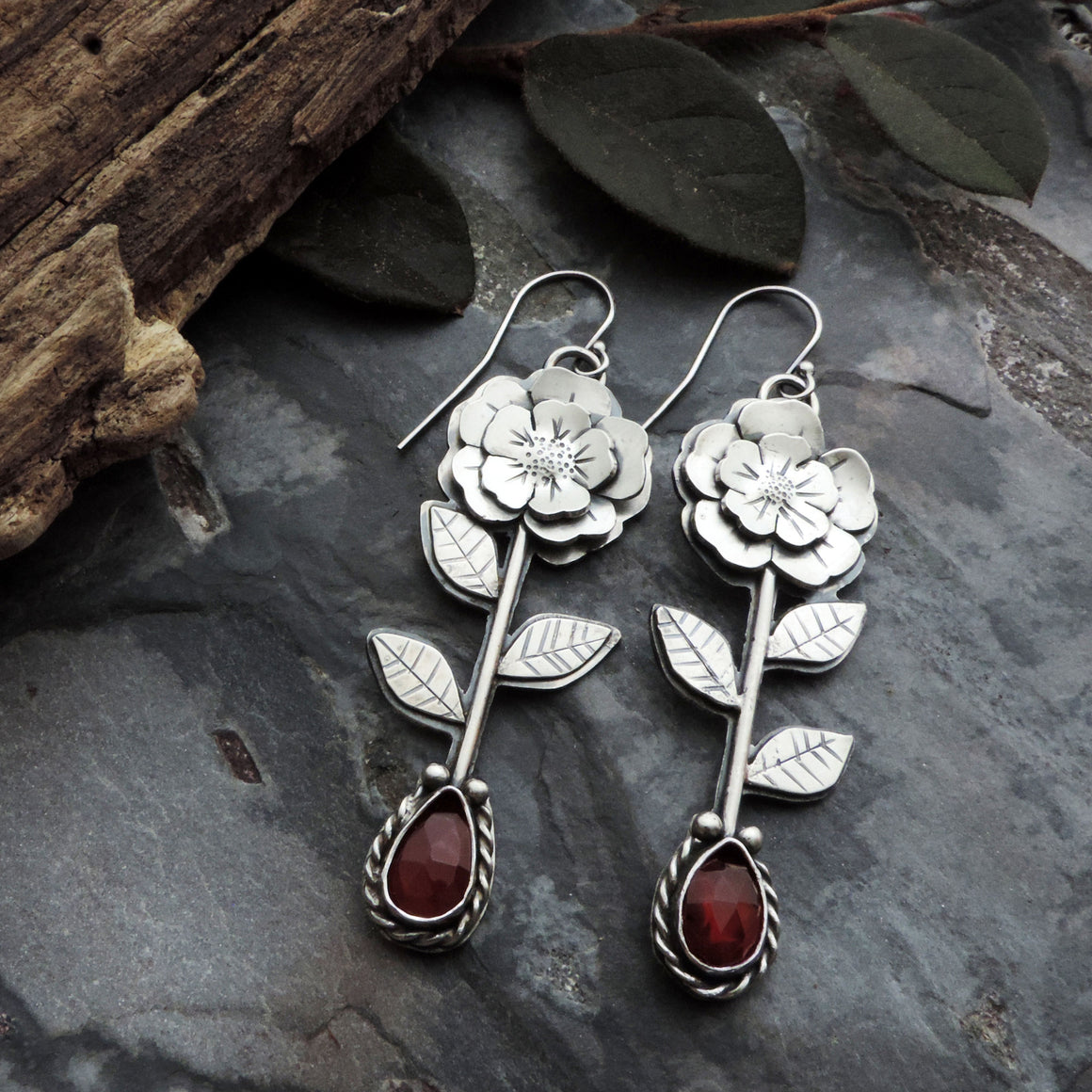 Stemmed Flower Earrings with Red Garnet Stones