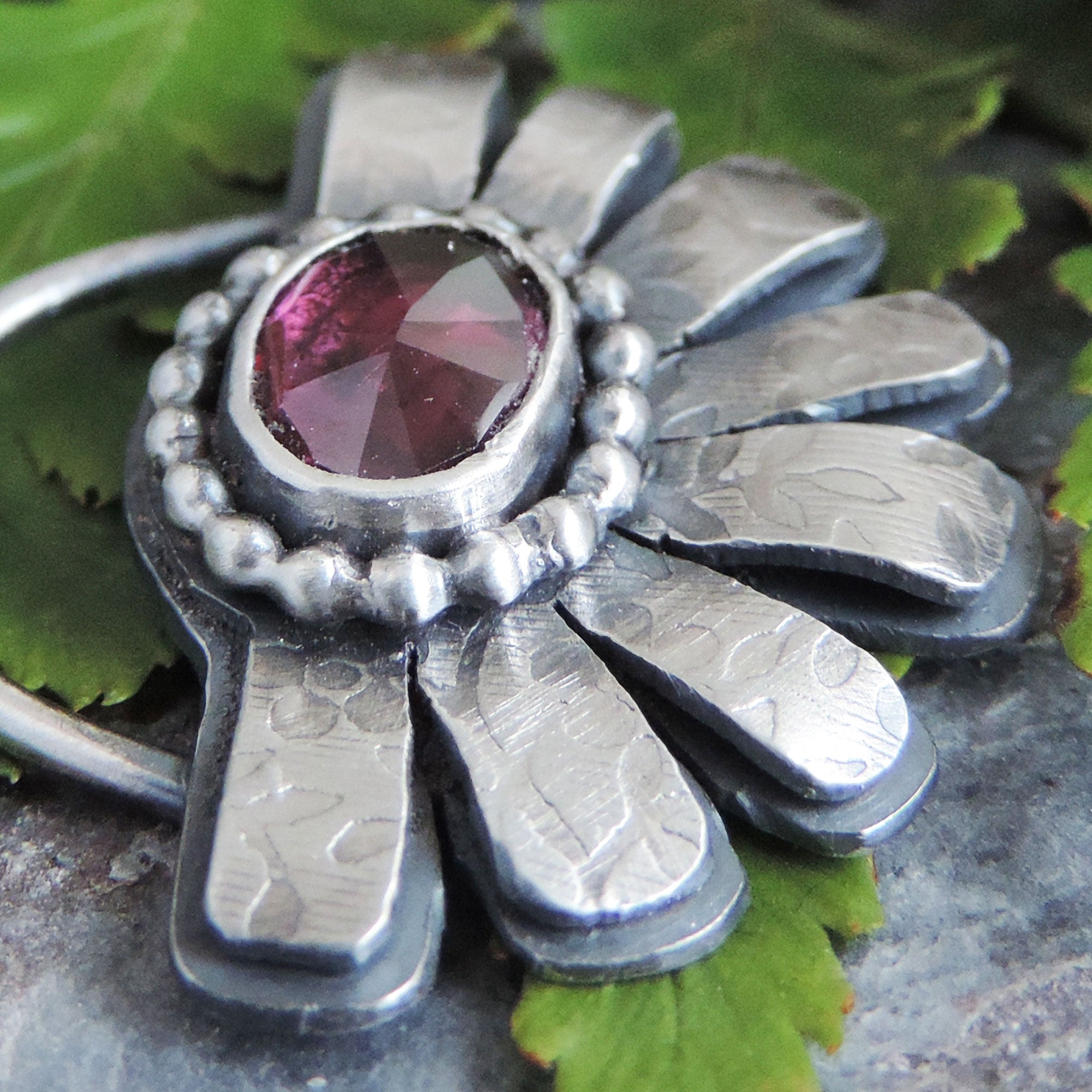 Pink Rhodolite Half Flower Pendant Necklace - A Twist of Whimsy