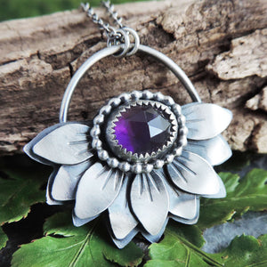 sterling silver purple amethyst flower pendant